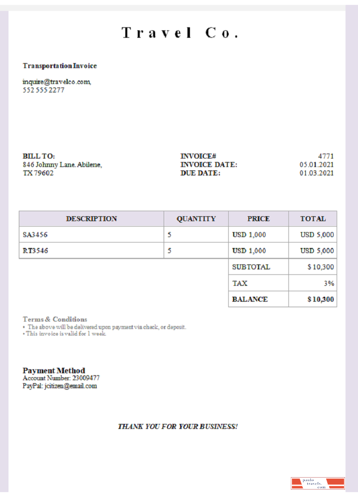 USA Travel Co. invoice PSD template